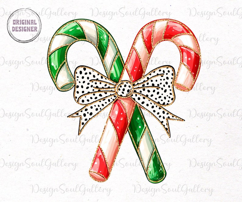 May include: Two candy canes with red and white stripes and green and white stripes are tied together with a black and white polka dot bow with gold glitter. The candy canes are also decorated with gold glitter.
