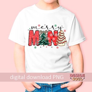 May include: White t-shirt with a red and green "Merry Mini" design featuring a Christmas tree and snowflakes.