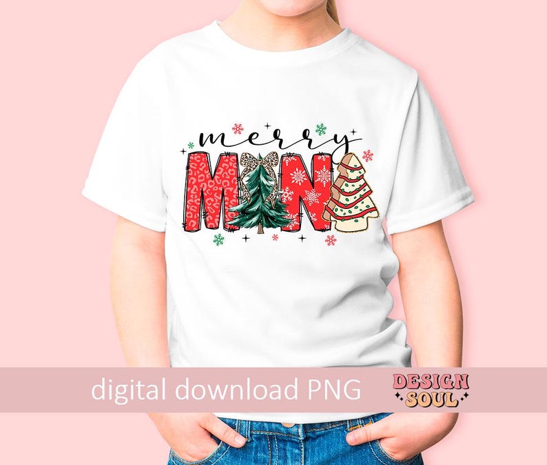 May include: White t-shirt with a red and green "Merry Mini" design featuring a Christmas tree and snowflakes.