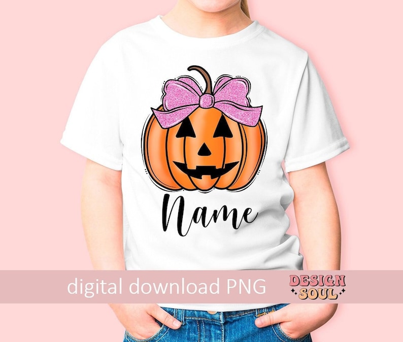 May include: White t-shirt with a pumpkin with a pink bow and the word "Name" printed on it.  Digital download PNG.