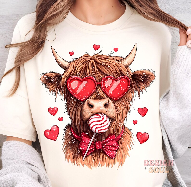 May include: A brown Highland cow with red heart-shaped sunglasses and a red bow tie is holding a red and white lollipop. The cow is surrounded by red hearts.