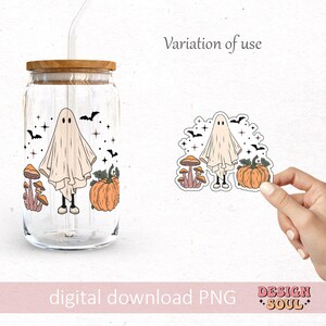 May include: A digital download of a ghost, pumpkin, and mushrooms in a vintage style. The image is perfect for use as a sticker, iron-on, or other craft project.