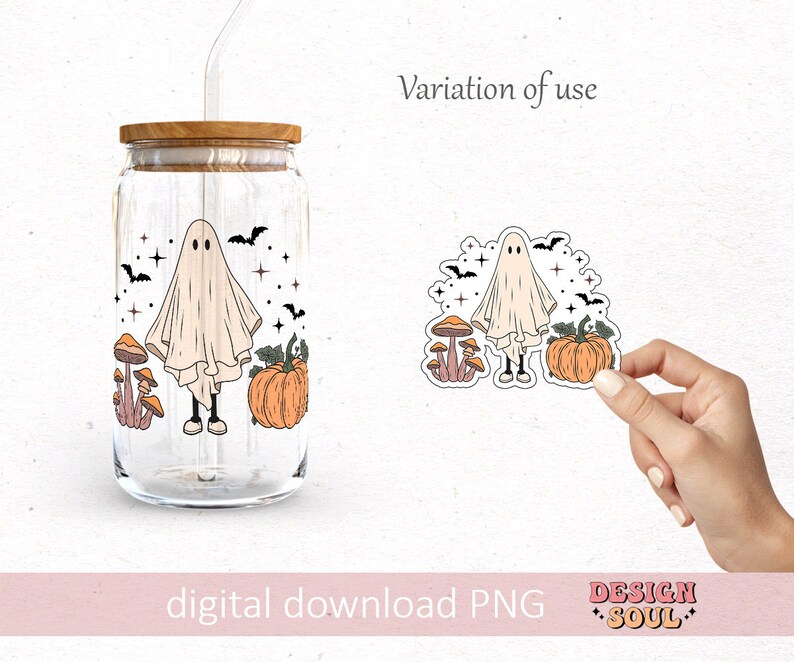 May include: A digital download of a ghost, pumpkin, and mushrooms in a vintage style. The image is perfect for use as a sticker, iron-on, or other craft project.