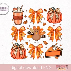May include: A digital download set of 10 Thanksgiving-themed illustrations. The set includes a pumpkin, a turkey, a coffee cup, a pie, and bows in orange, brown, and gold colors.