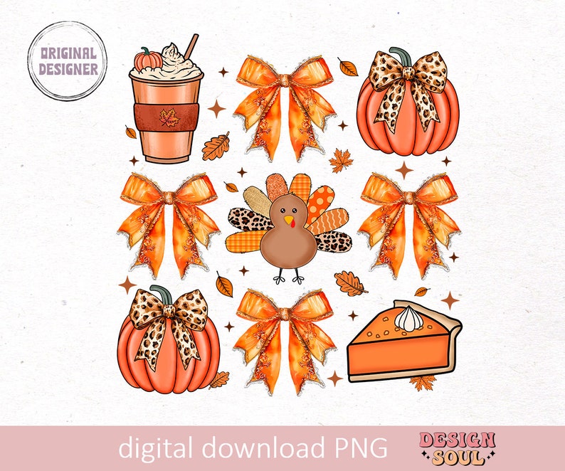 May include: A digital download set of 10 Thanksgiving-themed illustrations. The set includes a pumpkin, a turkey, a coffee cup, a pie, and bows in orange, brown, and gold colors.