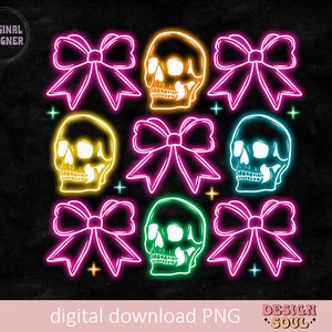 May include: Neon sign design featuring a skull with a bow on top, repeated in a grid pattern. The skulls are in yellow, green, and blue, and the bows are pink. The background is black.