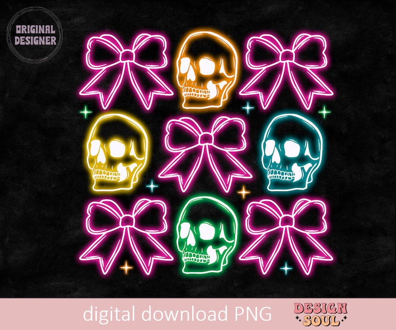May include: Neon sign design featuring a skull with a bow on top, repeated in a grid pattern. The skulls are in yellow, green, and blue, and the bows are pink. The background is black.