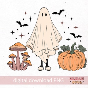 May include: A digital illustration of a ghost, a pumpkin, and mushrooms. The ghost is wearing a white sheet and has two black eyes. The pumpkin is orange and has a green stem. The mushrooms are brown and have white spots.