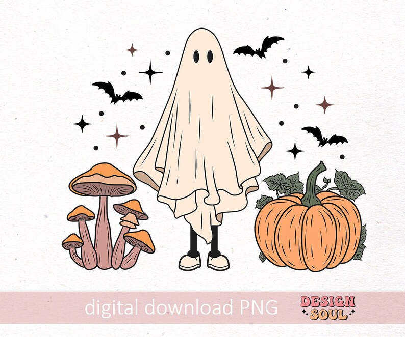 May include: A digital illustration of a ghost, a pumpkin, and mushrooms. The ghost is wearing a white sheet and has two black eyes. The pumpkin is orange and has a green stem. The mushrooms are brown and have white spots.