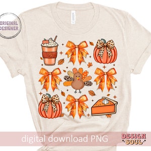 May include: A beige t-shirt with a digital design featuring a pumpkin, a turkey, a pie, a coffee cup, and bows with a leopard print. The design is in shades of orange, brown, and black. The text "Original Designer" is in a white box on the top left corner of the shirt. The text "Design Soul" is in a pink box on the bottom right corner of the shirt. The text "digital download PNG" is in black text on the bottom center of the shirt.