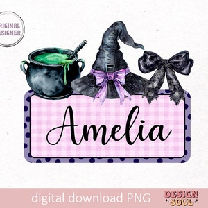 May include: A pink and white gingham sign with purple polka dots and a black border. The sign says "Amelia" in black cursive writing. A witch's hat with a purple ribbon and a black cauldron with green liquid are above the sign.