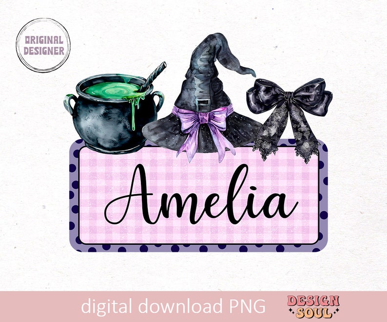 May include: A pink and white gingham sign with purple polka dots and a black border. The sign says "Amelia" in black cursive writing. A witch's hat with a purple ribbon and a black cauldron with green liquid are above the sign.