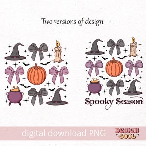 Puede incluir: Dos versiones de un dise&ntilde;o de descarga digital con tem&aacute;tica de temporada de miedo. El dise&ntilde;o incluye un sombrero de bruja, una calabaza, un caldero, una vela y un lazo. El texto "Spooky Season" est&aacute; incluido en una versi&oacute;n del dise&ntilde;o.
