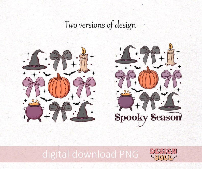 Puede incluir: Dos versiones de un dise&ntilde;o de descarga digital con tem&aacute;tica de temporada de miedo. El dise&ntilde;o incluye un sombrero de bruja, una calabaza, un caldero, una vela y un lazo. El texto "Spooky Season" est&aacute; incluido en una versi&oacute;n del dise&ntilde;o.