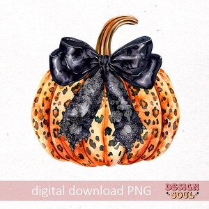 May include: A watercolor illustration of a pumpkin with a black and white bow. The pumpkin is orange and has a leopard print pattern.