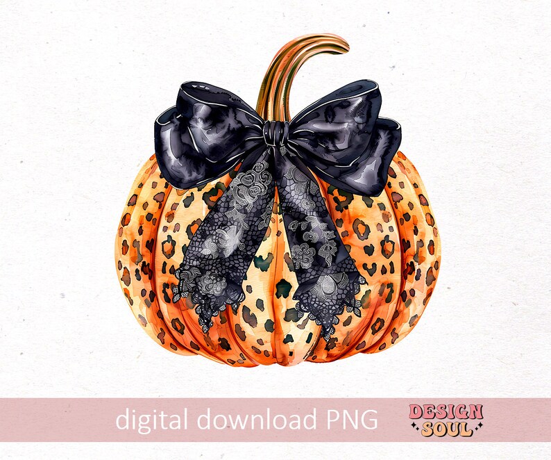May include: A watercolor illustration of a pumpkin with a black and white bow. The pumpkin is orange and has a leopard print pattern.