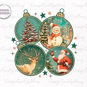 May include: Four Christmas baubles with a green background and gold trim. Each bauble features a different winter scene: a Christmas tree, a snowman, a deer, and Father Christmas.