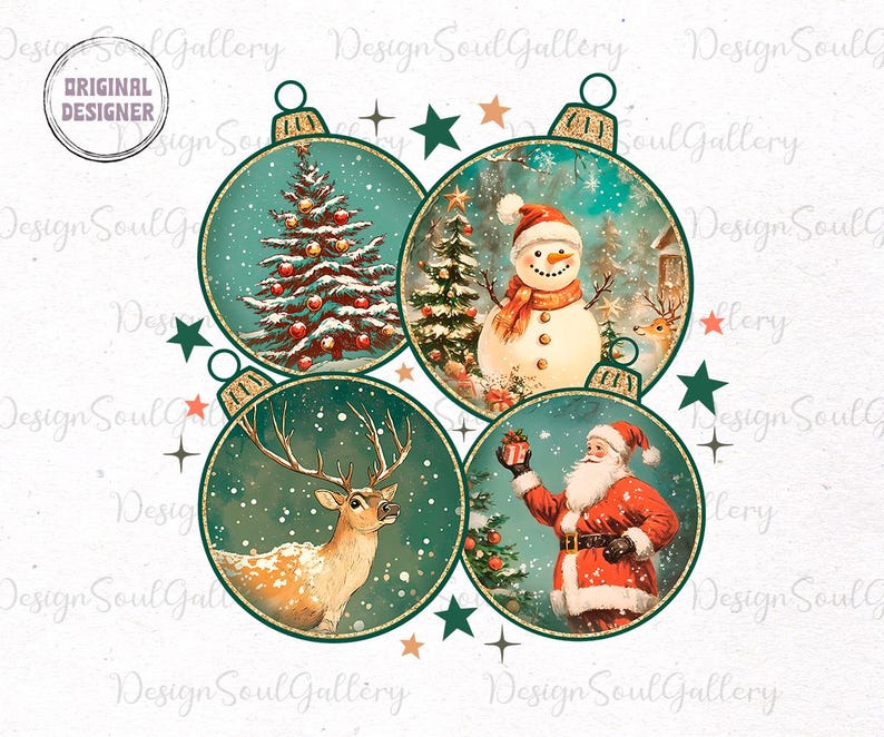 May include: Four Christmas baubles with a green background and gold trim. Each bauble features a different winter scene: a Christmas tree, a snowman, a deer, and Father Christmas.