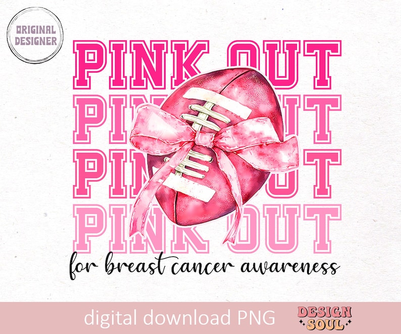 May include: Pink Out for breast cancer awareness. A watercolor illustration of a football with a pink ribbon tied around it. The words "Pink Out" are repeated four times in a pink and white font.