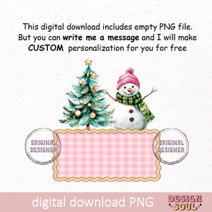 May include: A digital download of a pink and white checkered frame with a snowman and a Christmas tree. The text "ORIGINAL DESIGNER" is on each side of the frame. The text "digital download PNG" is at the bottom of the image. The text "DESIGN *SOUL*" is at the bottom right of the image.