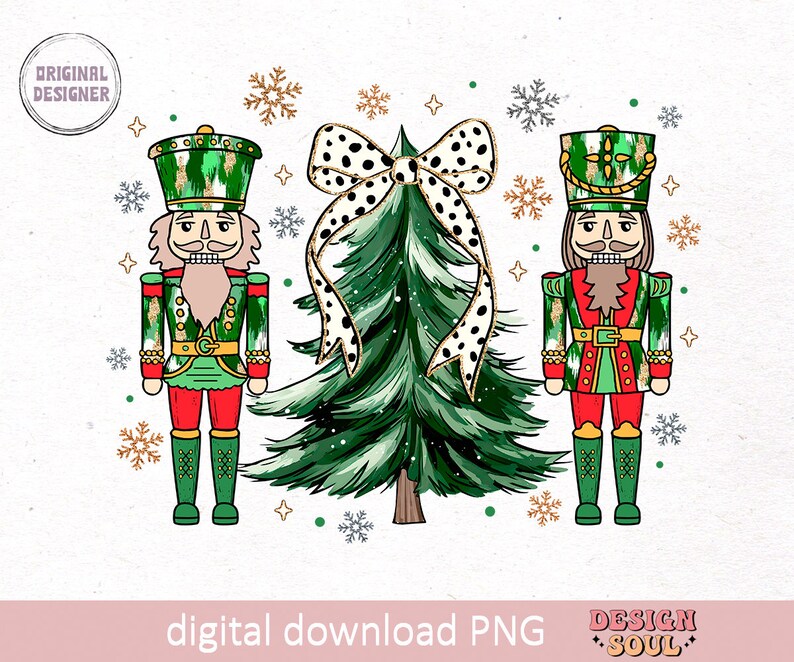 May include: A digital design featuring two nutcrackers flanking a Christmas tree with a polka dot bow. The nutcrackers are in green and red uniforms. The image includes snowflakes and the text "digital download PNG".