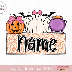 May include: A Halloween-themed printable featuring a pumpkin, ghost, and cauldron. The design has a leopard print background and the word "Name" in black text.