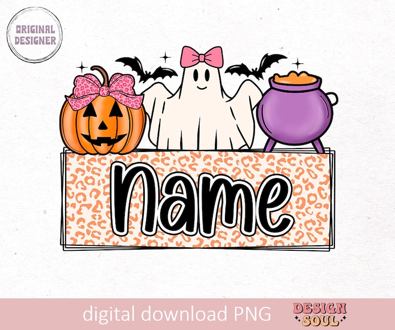 May include: A Halloween-themed printable featuring a pumpkin, ghost, and cauldron. The design has a leopard print background and the word "Name" in black text.