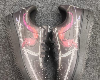 Custom Black Flame Sneakers: Air Force Style, Red Phoenix Fire Design, Streetwear Custom Shoes