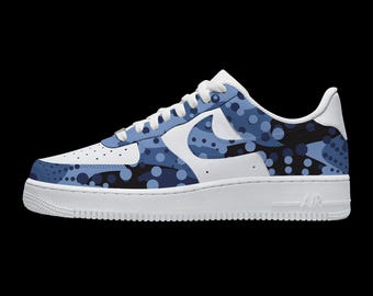 Custom blue sneakers: Camouflage Air Force 1 style shoes, street fashion