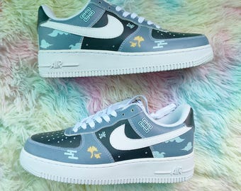 Custom Oriental Air Force 1: Hand-Painted Blue & White Sneakers with Cloud Details