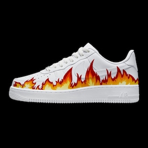 Custom Flame Sneakers: Hand Painted Fire Design White Air Force 1 Style Shoes, Streetwear Party Look