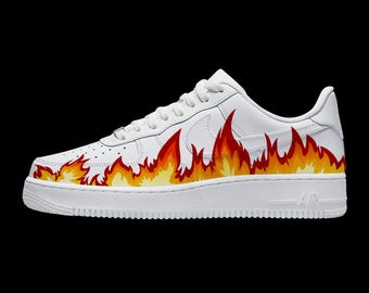 Custom Flame Sneakers: Hand Painted Fire Design White Air Force 1 Style Shoes
