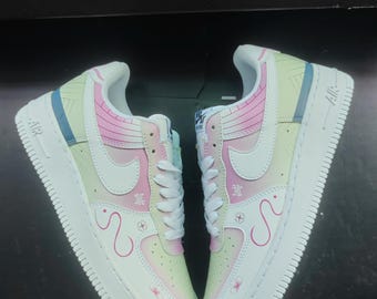 Custom Pastel Sakura Sneakers: Pink Green Gradient Air Force 1 Style Shoes, Butterfly & Flower