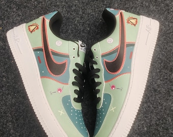 Custom Green & Teal Sneakers: Hand-Painted Cartoon Design, Streetwear AF1 Style Shoes