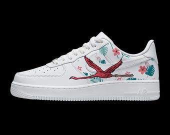 Custom Flamingo Sneakers: Hand Painted Tropical Bird White Air Force 1 Style Shoes
