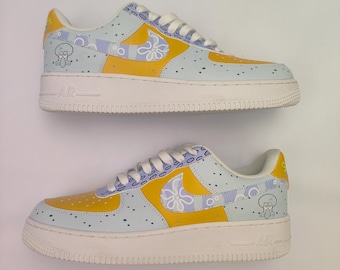 Custom Cartoon Sneakers: Yellow & Blue Octopus Theme Shoes, Handmade Air Force 1 Style