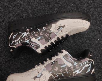 Custom Anime Sneakers: Grey & Black Air Force 1 Style, Lightning Pattern Hand-Painted Shoes