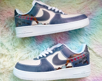 Custom Sneakers: Air Force 1 Style Grey & White Shoes, Handcrafted Anime Design