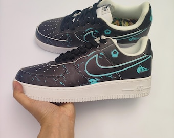 Custom Black & Blue Splash Sneakers: Handmade Air Force 1 Style Shoes