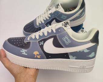 Custom Sneakers: Hand-Painted Air Force 1 Style, Blue & White Cloud Pattern with Calligraphy