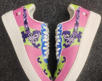 Custom Pink Green Cartoon Sneakers: Hand-Painted Fun Design, Colorful AF1 Style Shoes