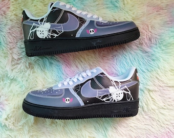Skull Spider Custom Sneakers: Dark Streetwear Air Force 1 Style, Hand-Painted Black & Grey Halloween Shoes