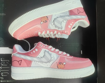 Custom Pink Anime Sneakers: Hand-Painted Air Force 1-Style Shoes, Chainsaw-Inspired Design