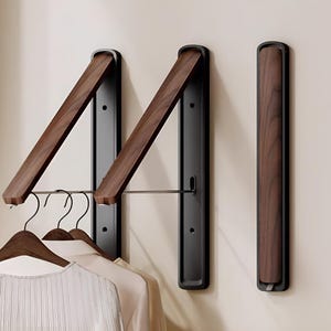 Wall Mounted Wooden Folding Clothes Hanger Rack, 2 pcs Space-Saving Hanging Rod for Closet or Entryway, Modern Wood & Metal Hook Rail