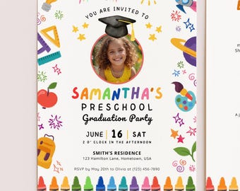 Preschool Graduation Invitation Template, Editable Canva Photo Invite, Pre K Kindergarten Grad Party Printable GI009
