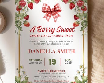 Strawberry Baby Shower Invitation, Berry Sweet Girl Invite with Gingham Bow, Editable Canva Template, Printable 5x7, BS021