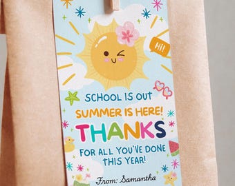夏休みおめでとうギフトタグテンプレート、編集可能なCanva教師感謝タグ、印刷可能な学年末ギフト
