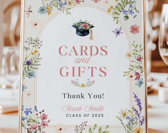 Wildflower Graduation Cards and Gifts Sign, Boho Floral Graduation Party Decor, Canva Template GI004