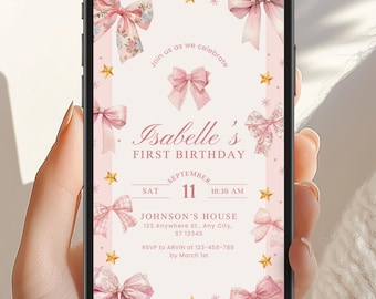 Pink Bow Birthday Invitation, ANY AGE Animated Coquette Bow Mobile Invite, Digital 13th Birthday Invite, Teen Girl Sleepover, Canva BI017