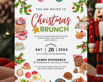 May include: A Christmas Brunch invitation with watercolor illustrations of food and festive decorations. The invitation includes the text "Christmas Brunch" and details for a December 20th event. A red nutcracker stands to the right.